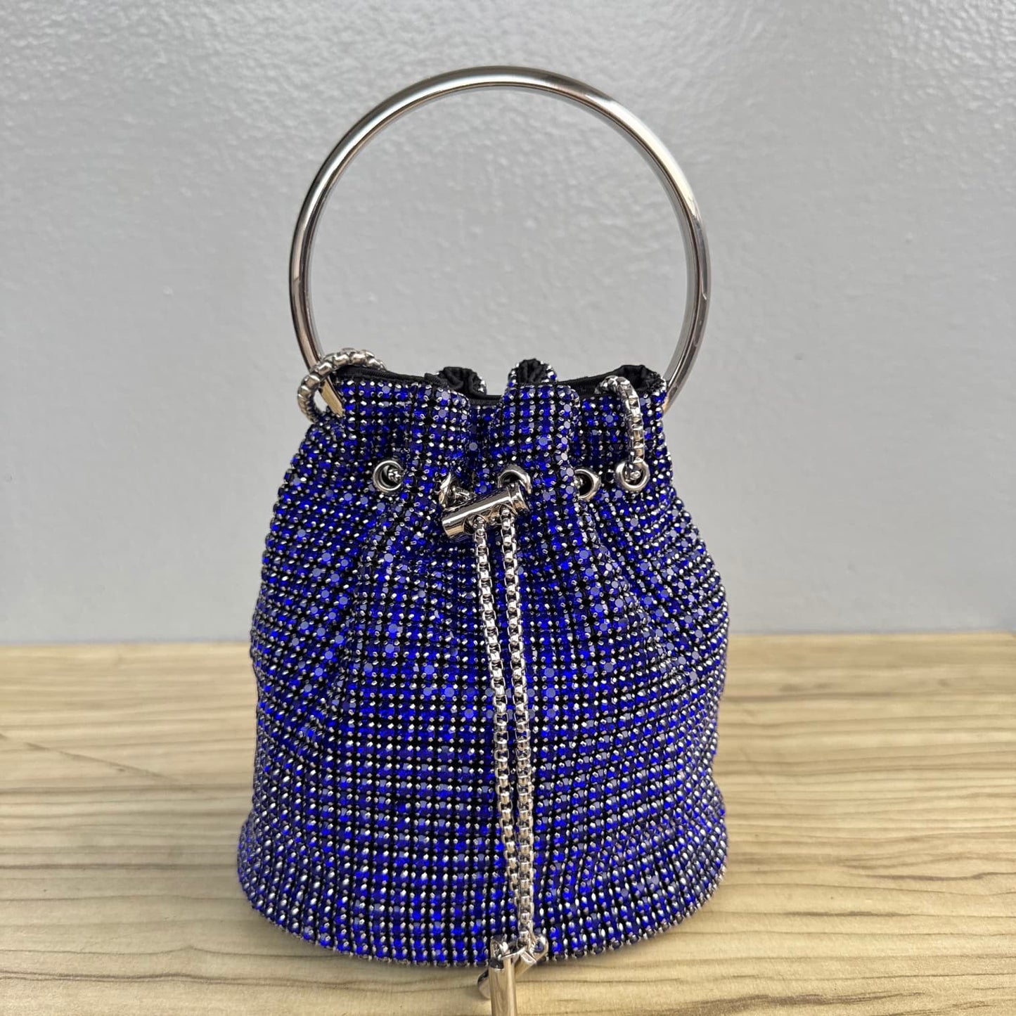 Rhinestone Ring Handle Drawstring Bucket Clutch Bag