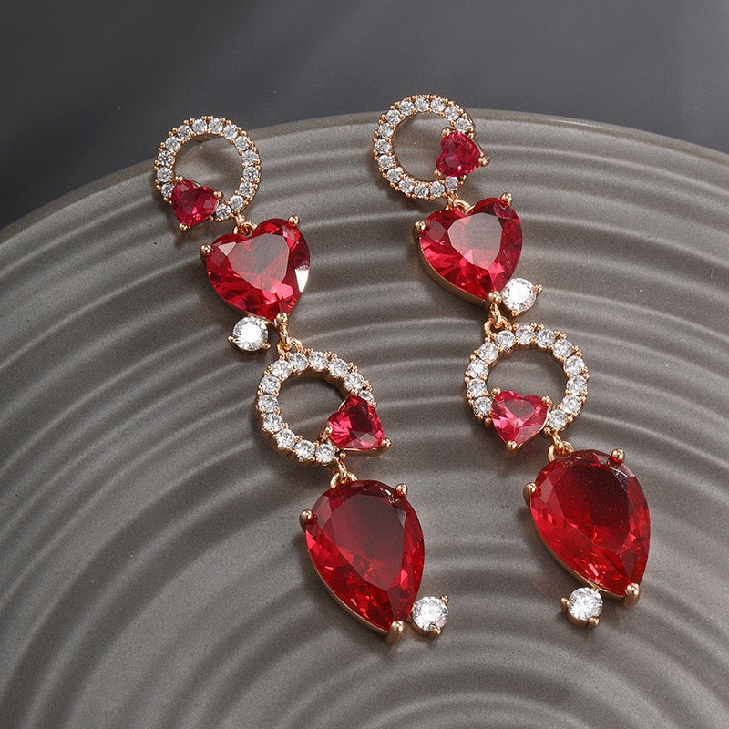 Gold Plated Pretty Drop Earrings - Ruby Red