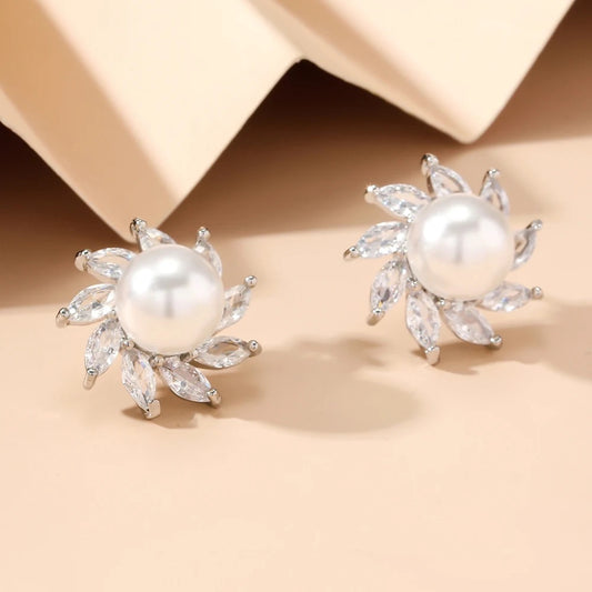 Floral Cubic Zirconia Pearl Stud Earring