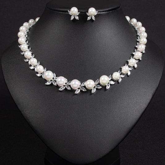 Pearl Round Cubic Zirconia Necklace and Earrings Jewelry Set