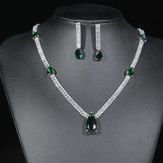 Simple V Shape Cubic Zirconia 2 Piece Jewelry Set - Green