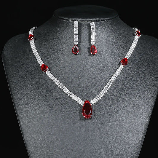 Simple V Shape Cubic Zirconia 2 Piece Jewelry Set - Red