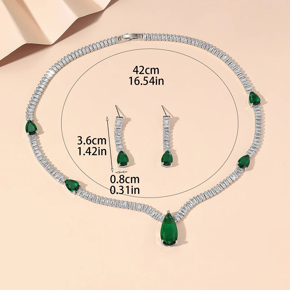 Simple V Shape Cubic Zirconia 2 Piece Jewelry Set - Green