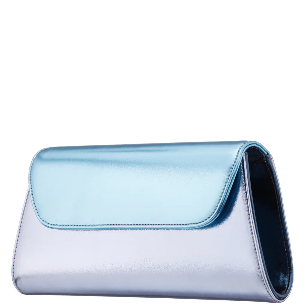 Nina Metallic Blue Tri-Colour Trapezoid Flap Clutch Purse