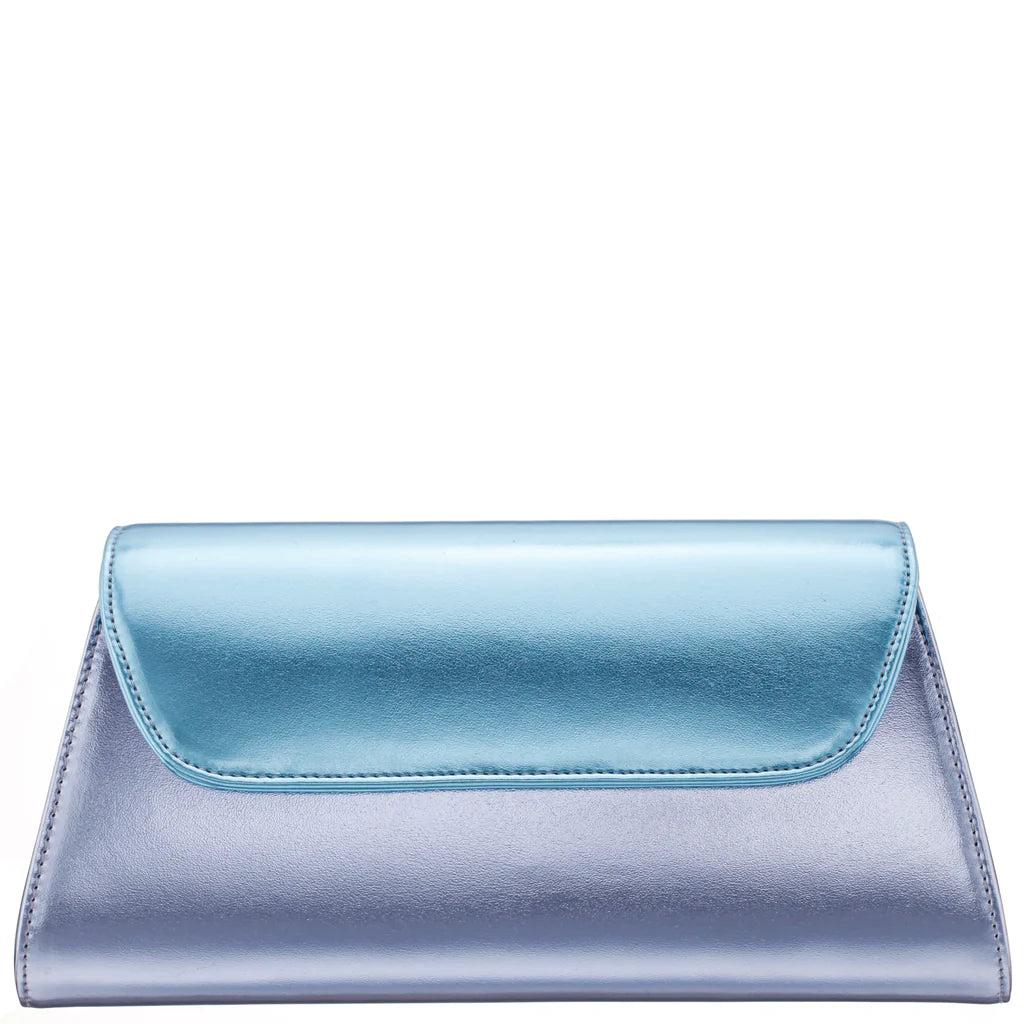 Nina Metallic Blue Tri-Colour Trapezoid Flap Clutch Purse