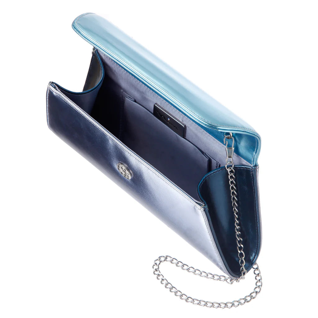 Nina Metallic Blue Tri-Colour Trapezoid Flap Clutch Purse