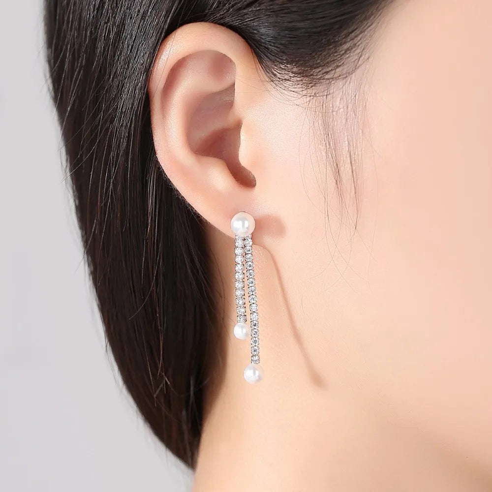 Bridal Pearl Cubic Zirconia Tennis Drop Earrings